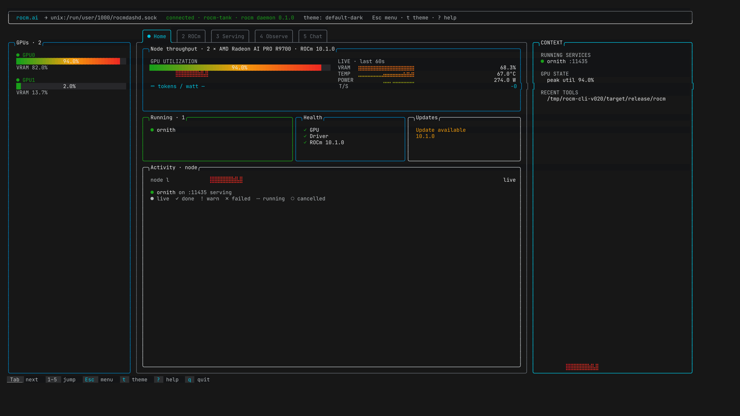The live dashboard Home tab with two Radeon AI PRO R9700 GPUs and one running model server