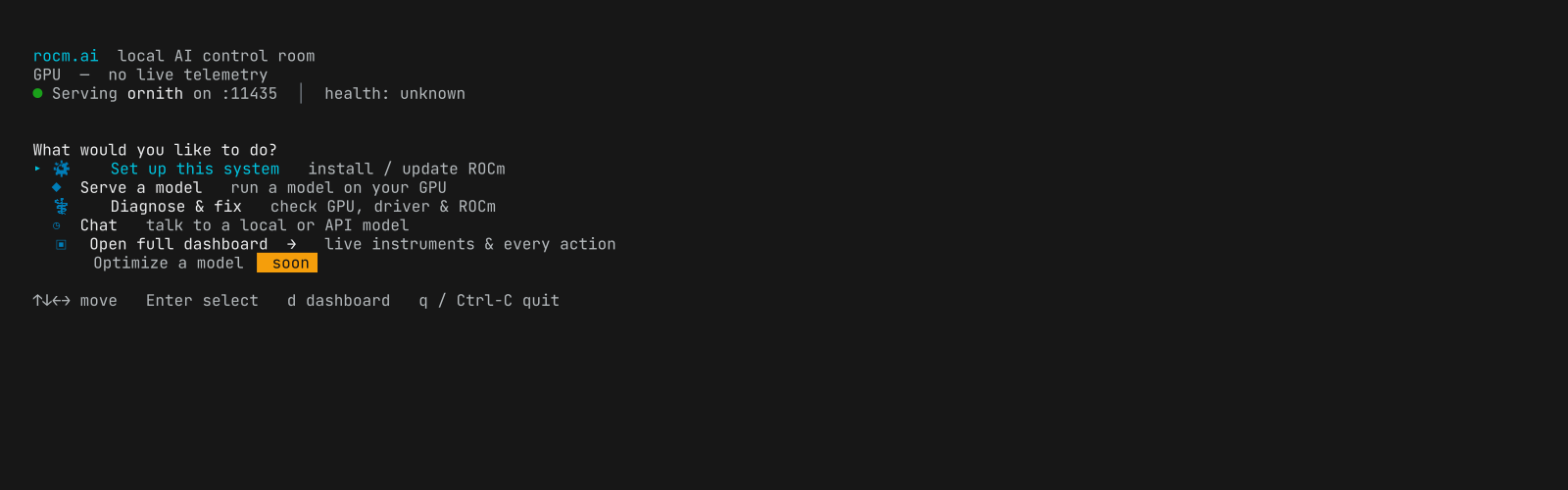 The live rocm launcher with a running Ornith server on port 11435